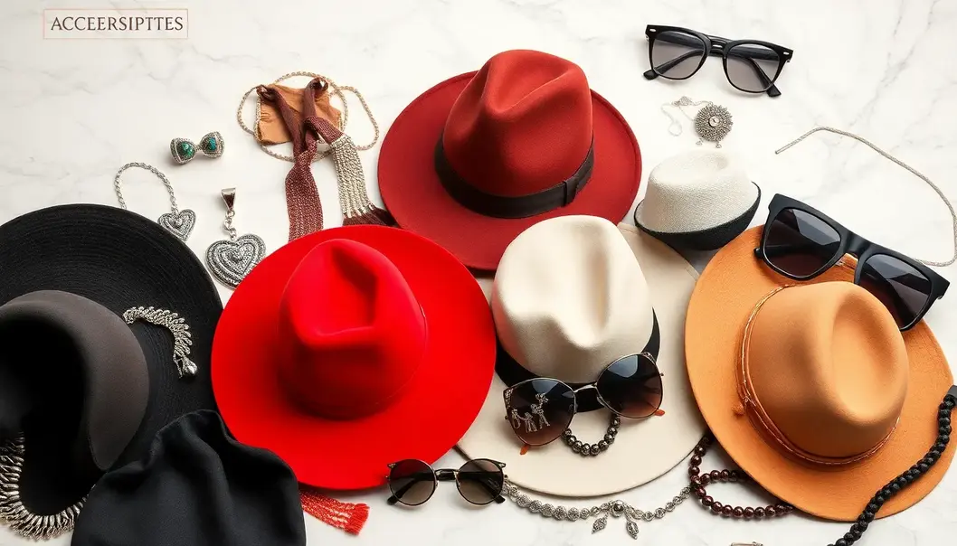 Diverse accessories including jewelry, hats, and sunglasses on a marble surface.