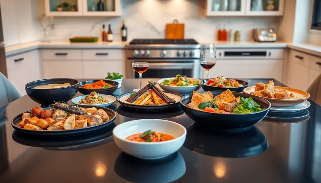 An elegantly set table with various global fusion dishes in a chic kitchen.