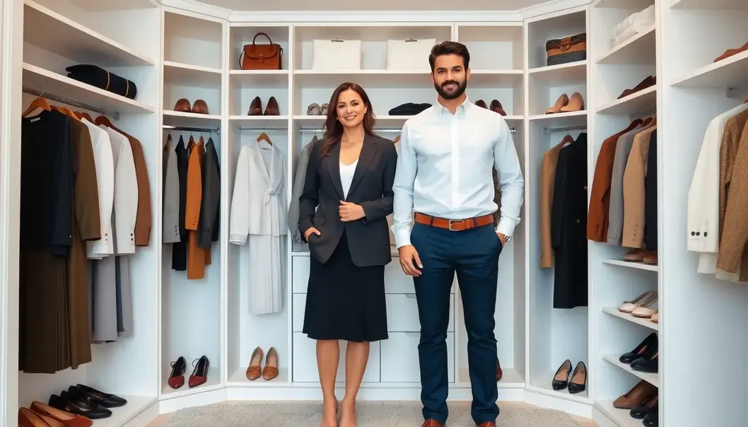 A couple harmoniously blends their wardrobe in a shared closet.