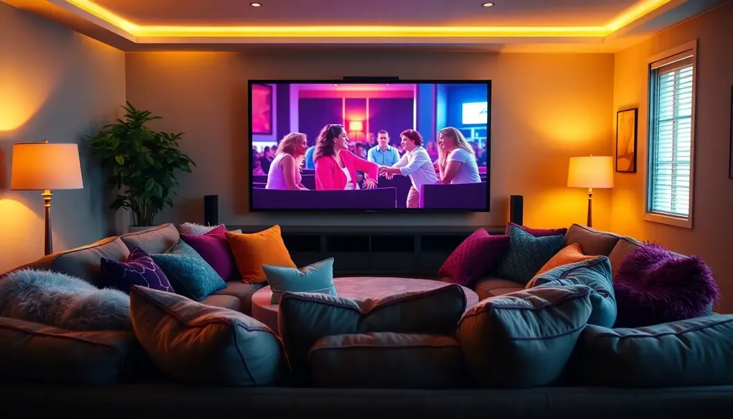 A stylish and comfortable living room setup perfect for a plus-size movie night with a warm, inviting atmosphere.