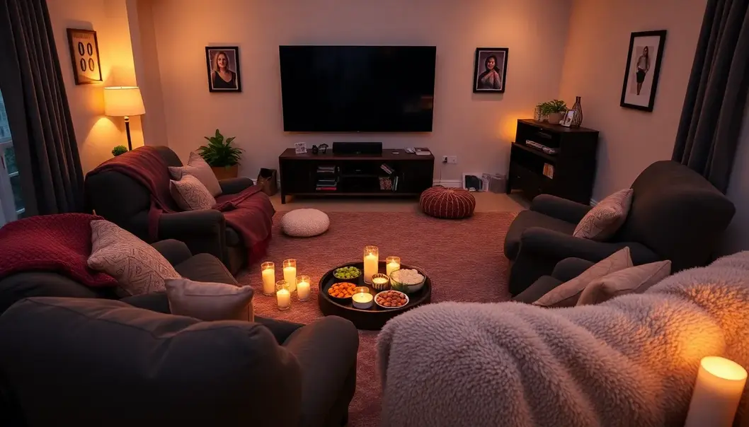 A cozy, inviting movie night setting perfect for plus-size comfort.